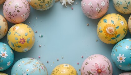 Easter background with colorful painted eggs and soft spring decorations