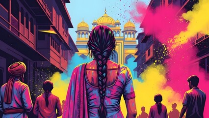 Obraz premium Vibrant indian festival scene with colorful smoke and architecture