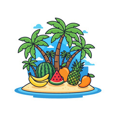 Fototapeta premium Tropical Island Paradise with Exotic Fruits and Palm Trees, Summer Vacation Concept