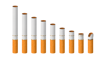 Cigarettes in various stages of being smoked in a row with decreasing length and burning filters in stark white lighting for anti-smoking campaign