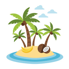 Obraz premium Tropical Island Paradise with Palm Trees, Bananas, and Coconuts | Vector Illustration