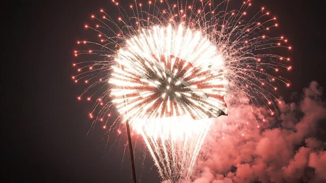 Trinidad and Tobago flag fireworks diagonal night. Explosive display of national flag. Red white black flag fireworks.