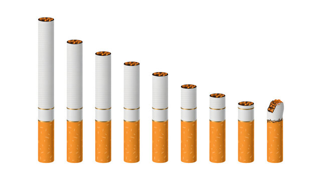 Cigarettes in various stages of being smoked in a row with decreasing length and burning filters in stark white lighting for anti-smoking campaign