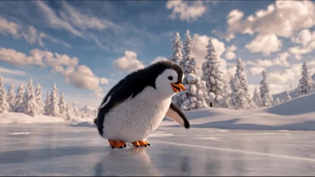 An adorable penguin struts across glittering ice among snowbound pines beneath a cobalt sky. Crisp!!