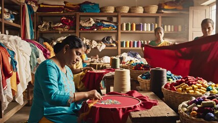 A group of skilled women meticulously engage in traditional textile craftsmanship within a vibrant workshop setting. In the foreground, an artisan diligently hand-embroidering intricate, colorful patt - Powered by Adobe