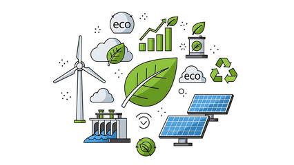 Sustainable Green Energy and Ecology Concept Vector Illustration with Solar Panels Wind Turbine Hydroelectric Power Plant and Eco Friendly Icons for Environmental Conservation