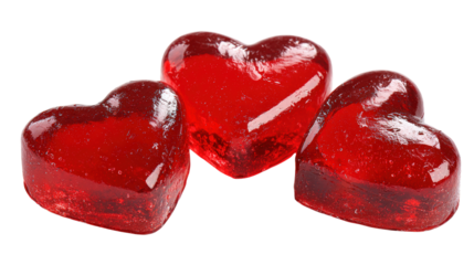 Three heart shaped red candies on transparent background confectionery sweets food