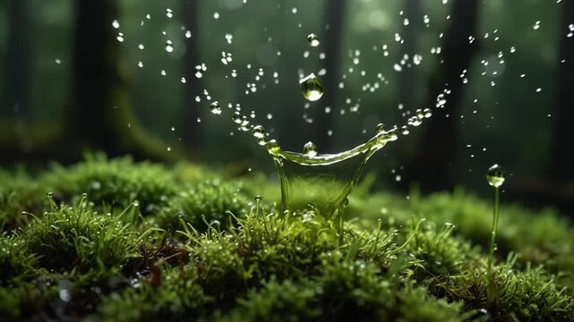 Falling Water Drops Moss Slow Motion
