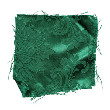 Green damask floral silk fabric swatch with frayed edges