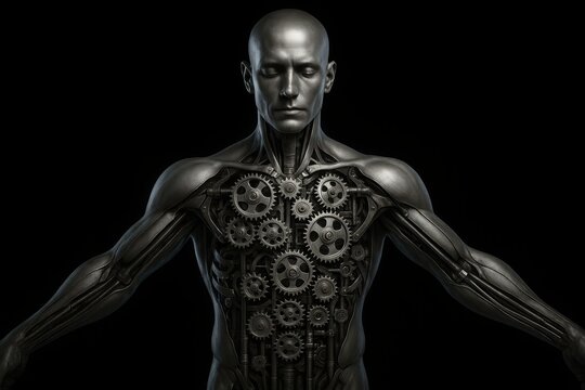 Mechanical Being: A close-up shot of a human-like automaton. Its metallic body, revealing intricate gears and mechanics, poses against a stark backdrop, revealing its inner workings.