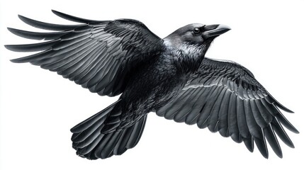 Fototapeta premium Majestic raven in flight against a clean white background, wings spread wide