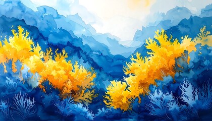 Watercolor landscape painting showcasing deep blue mountain ranges with vibrant yellow-gold foliage in the foreground. Sunlight bathes the scene