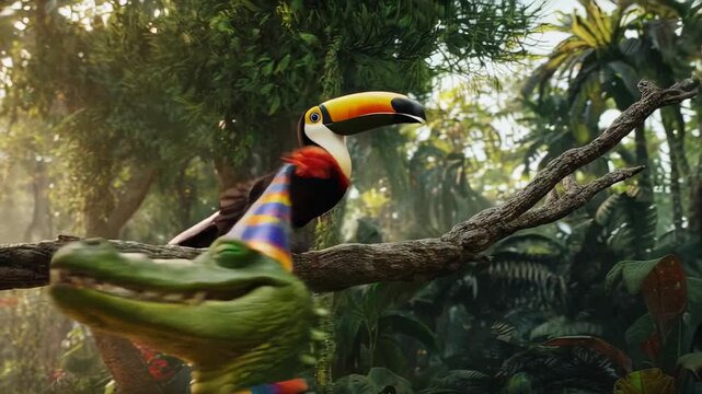 A vibrant toucan perches on a branch alongside a frog in a lush rainforest, rendered in 3D on a sunny day