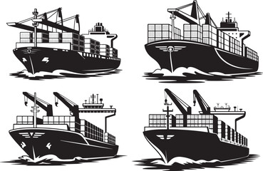Obraz premium Set of black and white cargo container ships sailing on sea for maritime logistics and transport