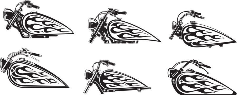 Six different black and white motorcycle fuel tank illustrations with flame accents