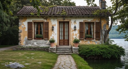 Obraz premium Aged Stucco Cottage With Wooden Shutters By Lakeside Path