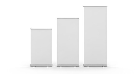 Three blank white rollup banners of varying sizes, perfect for advertising and promotional events, isolated on white background