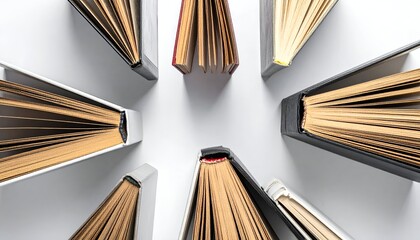 Aerial view of open books arranged in a circular pattern on a clean white surface
