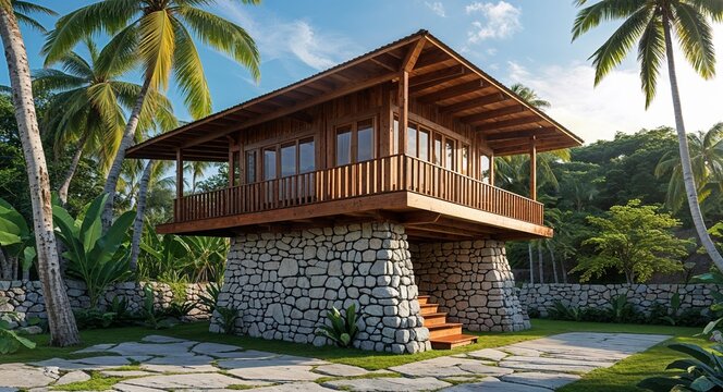 Classic Filipino Bahay Na Bato With Stone Base And Wooden Upper Floor