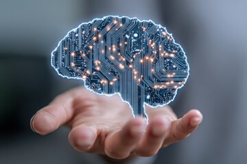Innovative electronic brain design displayed on hand showcasing intricate circuit board patterns and glowing connections for advanced technology applications