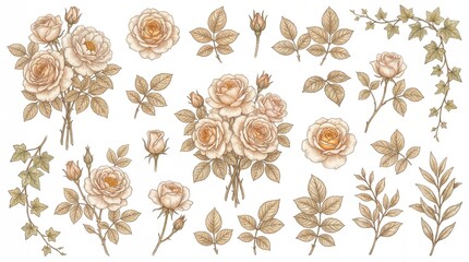 Peach Rose Flowers Bouquet Clipart Collection ,Watercolor Set Ivy Leaves ,Vintage Floral Wedding Invitation Design
​

