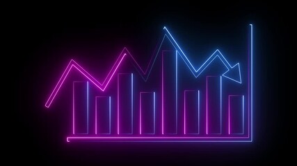 Glowing neon violet and blue color business graph icon animation business report presentation growth bar chart line finance stock marketing success profit trend up and down arrow on black background . - Powered by Adobe