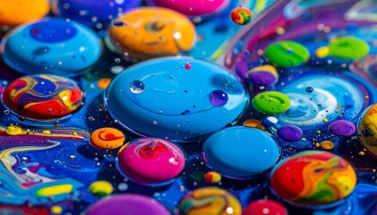 Colorful droplets of paint swirl together on a vibrant background, creating a mesmerizing display