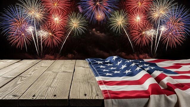 Spectacular fireworks display over wooden table with american flag for independence day celebration - Powered by Adobe