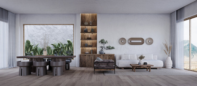 Panorama view Wabi-sabi living and dining room interior with stucco wall. 3d rendering
