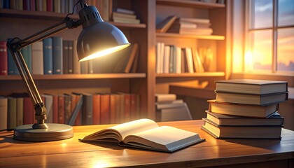 A cozy library scene featuring a lamp illuminating an open book, surrounded by bookshelves