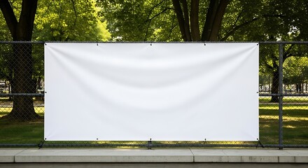 Blank white banner on a fence in a park, offering a clear, customizable space for advertising, event announcements, or public messages