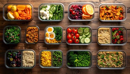 An assortment of colorful meal prep containers filled with fresh vegetables, fruits, and grains