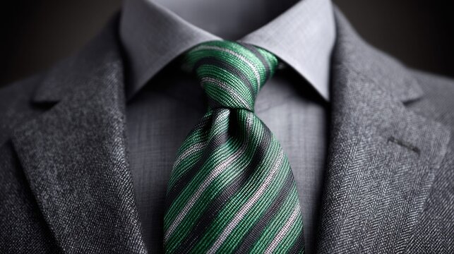 Close-up of a stylish gray suit with a green and black striped tie