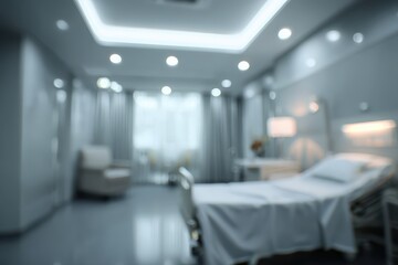 Hospital room with blurred lighting and modern design offers a calming atmosphere for patients and visitors in a healthcare setting