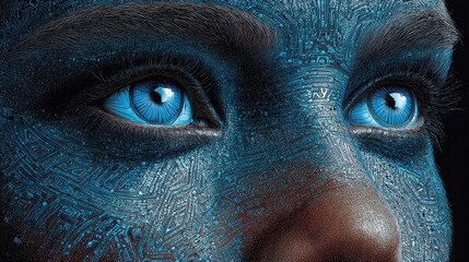 Naklejka premium Digital human with circuit board face and glowing blue eyes