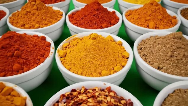 Variety of Colorful Ground and Whole Spices in White Bowls