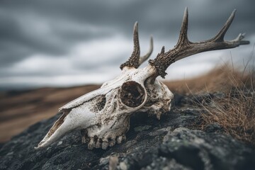 Deer skull rests on a rock under a cloudy sky in a rural landscape