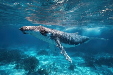 Humpback whale swimming gracefully underwater in the vibrant Caribbean waters near coral reefs