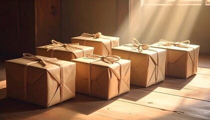 A warm scene featuring five neatly tied gift boxes on a wooden floor illuminated by sunlight