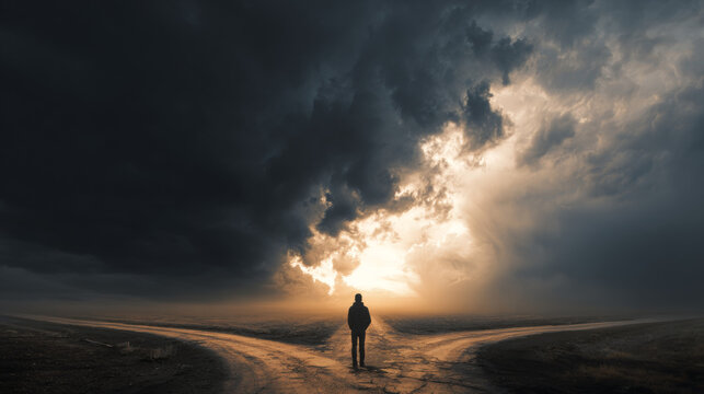 Person standing at a crossroads on a vast, open landscape under dark, stormy clouds with a bright opening in the sky