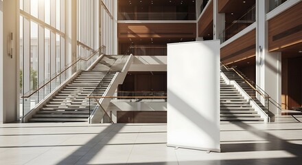Blank white banner stand in a bright, modern office building lobby with large windows and architectural staircases, ideal for branding or information
