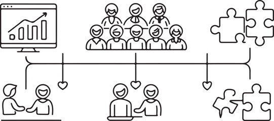 Data Analysis to Collaboration The top row specifically illustrates the progression from data analysis (chart on a monitor) to a meeting, and finally to a larger team, showing how data drives decision