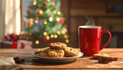 A cozy scene featuring cookies on a plate next to a steaming mug, with a festive background