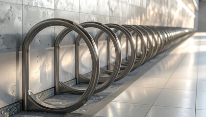 A series of metallic bike racks aligned in a modern, well-lit indoor space with reflective surfaces