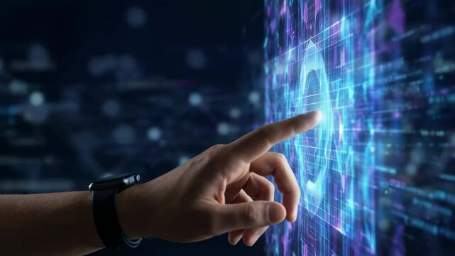Hand touching digital interface with futuristic glowing technology and security shield hexagon