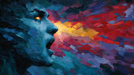 Dramatic abstract art, person in emotional distress or feeling intense emotions, landscape format with copy space for text or additions.