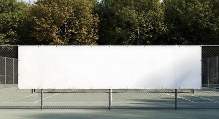 Outdoor advertising space a wide, blank white billboard mounted on a metal frame, with a dense line of green trees behind it