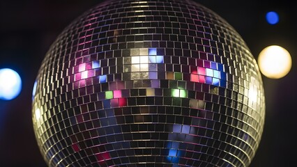 Shiny Mirrored Disco Ball Reflecting Colorful Party Lights on Dark Background