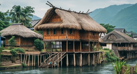 Wooden Ancestral Stilt House With Thatch Roof In Riverside Village