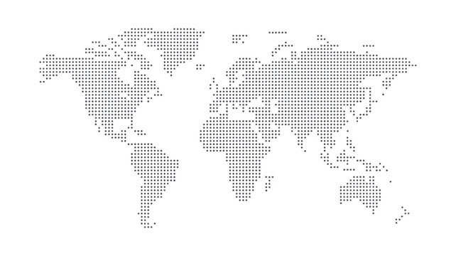 Halftone World Map Vector Illustration, minimalist dotted planet Earth with global continent layout for travel infographics, digital presentations, analytics visuals, and mapping concepts.